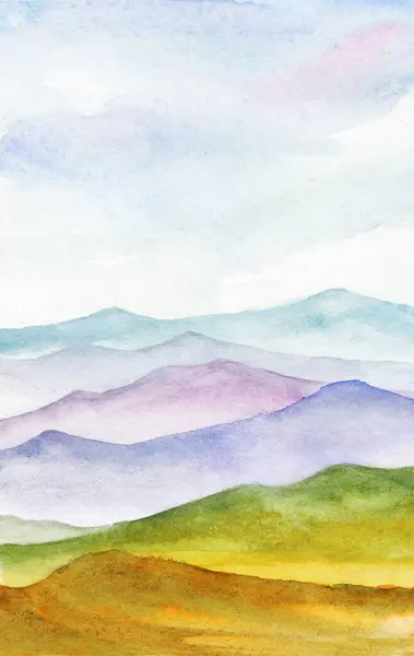 Watercolor Abstract Hand Drawn Illustration Distant Foggy Hills Bright Colors — Stock Photo, Image