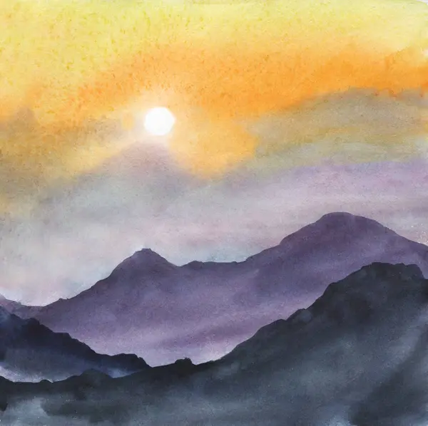 Watercolor Illustration Sunset Mountain Silhouettes — Stock Photo, Image