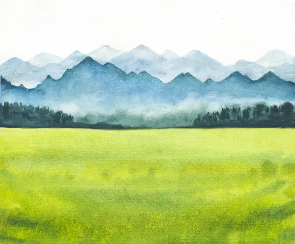 Watercolor Illustration Landscape Abstract Green Field Distant Mountains Hand Drawn — Stock Photo, Image