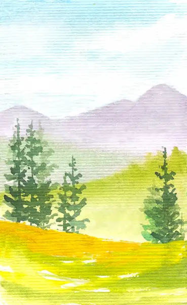 Akvarell Skiss Färgglada Granar Kullar Berg Handritad Illustration — Stockfoto