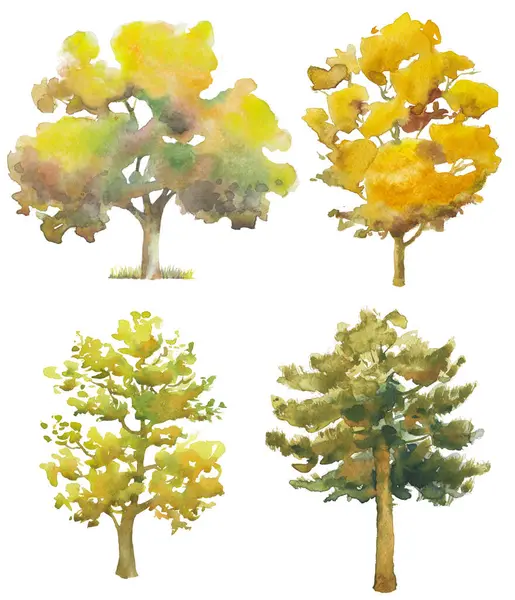 Set Watercolor Autumn Trees Isolated White Hand Drawn Illustration — Stock Photo, Image