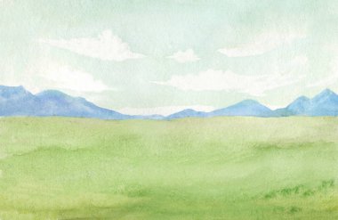 Kırsal yeşil alan, tepeler, bulutlar, yumuşak renkler doğa, el yapımı illüstrasyon içeren soyut suluboya arkaplan