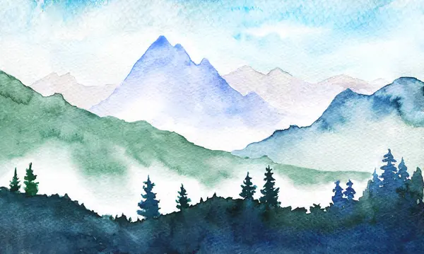 Watercolor Illustration Foggy Mountains Peaks Spruce Trees Distant Hills Rocks — Stock Photo, Image