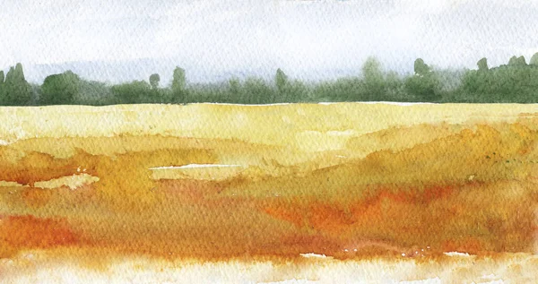 Akvarell Abstrakt Landskap Med Höst Träd Och Gult Gräs Fält — Stockfoto