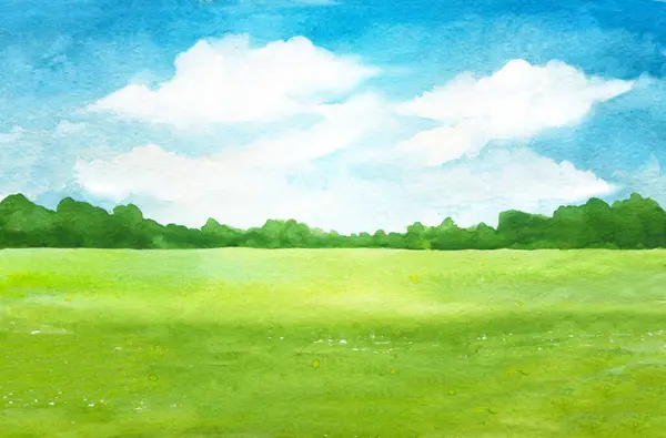 Рука Намальований Акварельний Пейзаж Блакитним Небом Білими Хмарами Зеленою Травою — стокове фото