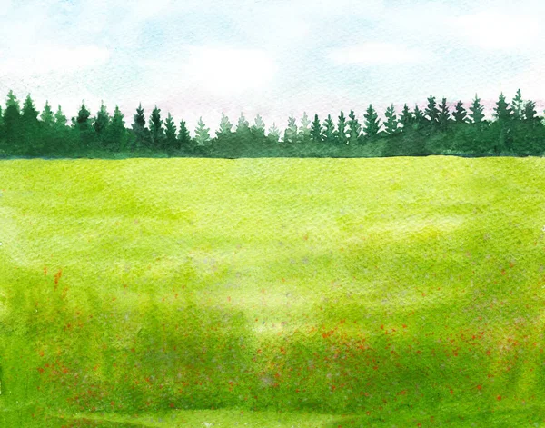 Grönt Gräs Och Avlägsna Träd Horisonten Handritad Akvarell Illustration Abstrakt — Stockfoto