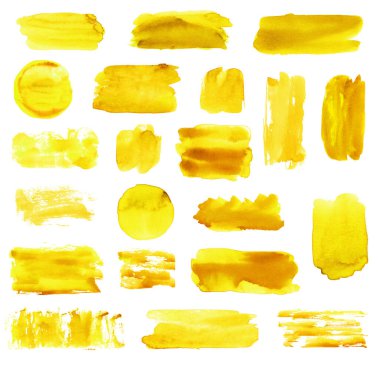 Altın sarısı fırça seti, parlak renkler, çeşitli şekiller, beyaz arka plan çizimi