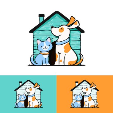 Kedi ve köpek ev logosu, evcil hayvan teması için basit logo, evlat edinme, kurtarma, vektör illüstrasyonu