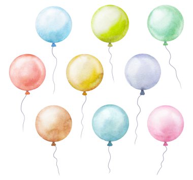 Şeffaf arkaplanda renkli yuvarlak balonların suluboya çizimi