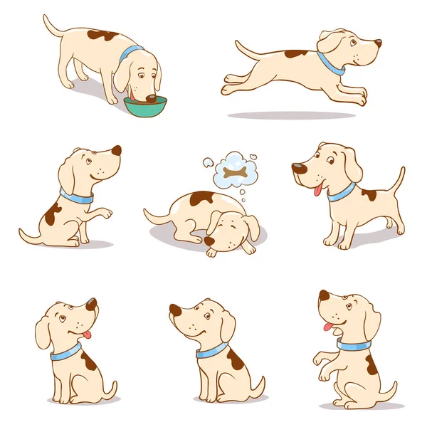 Set Cute Cartoon Dogs White Begging Dreaming Smiling Sitting Positions — Stock Vector