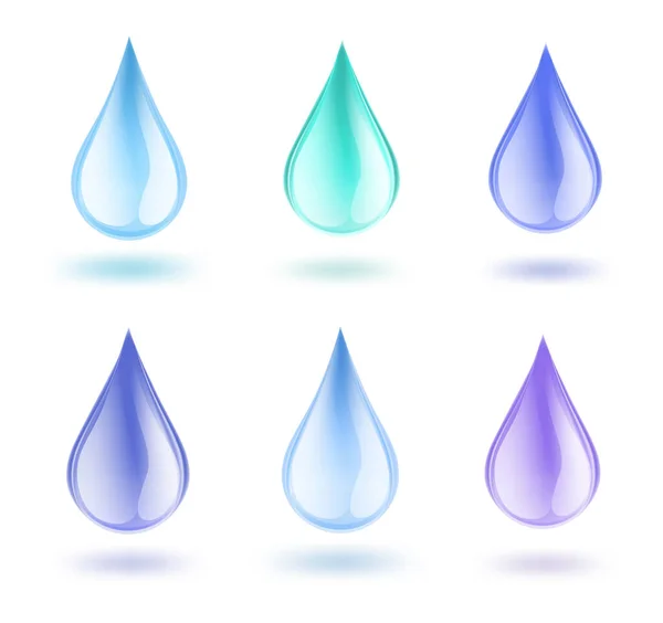 Sada Modré Vody Kapky Bílém Pozadí Modrá Voda Kape Světelnými — Stockový vektor