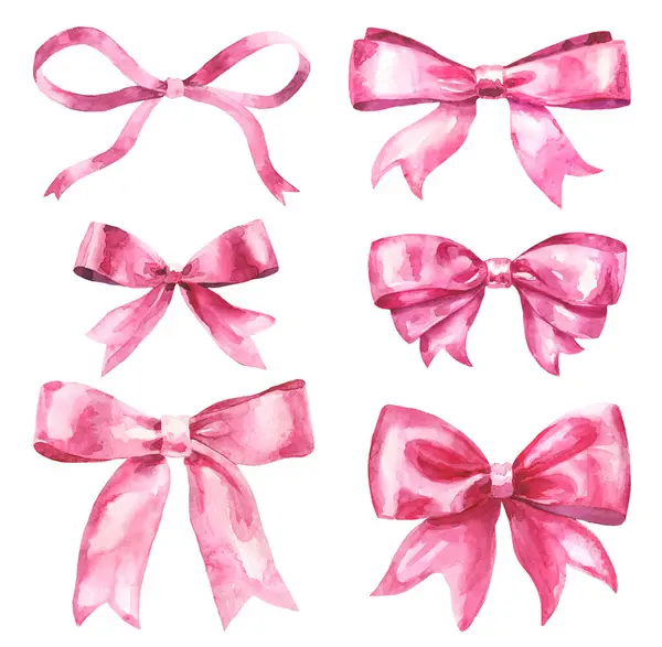Set Watercolor Ribbon Bows Isolated White Pink Silk Bows Knots — Stock Photo, Image