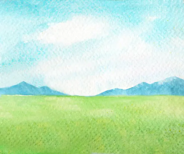watercolor landscape with distant hills, green grass field, blue sky with clouds, hand drawn watercolor abstract background illustration