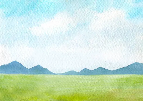 Watercolor Landscape Mountains Green Grass Field Blue Sky Clouds Hand — Stock Photo, Image