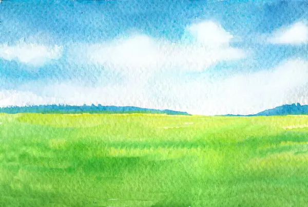 Watercolor Landscape Distant Forest Green Grass Field Blue Sky Clouds — Stock Photo, Image