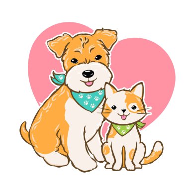 Çizgi film köpeği, kedi ve kalp işareti, köpek yavrusu teriyeri ve kedi yavrusu gülen kedi logosu, vektör çizimi.