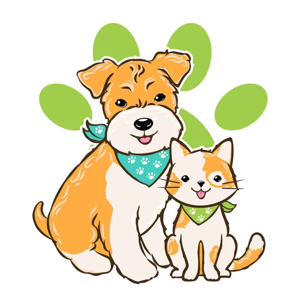 Cartoon Cane Gatto Segno Zampa Pet Logo Con Cucciolo Terrier — Vettoriale Stock