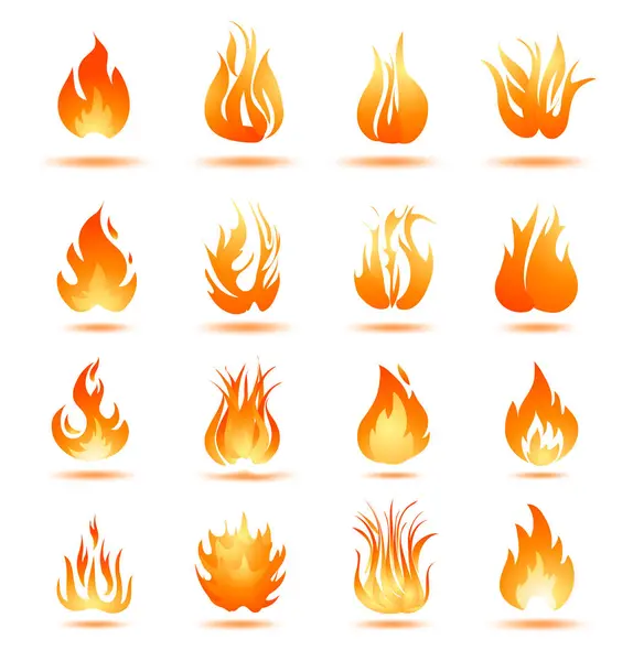 Fuego Iconos Llama Conjunto Aislado Sobre Fondo Blanco Concepto Energía — Vector de stock