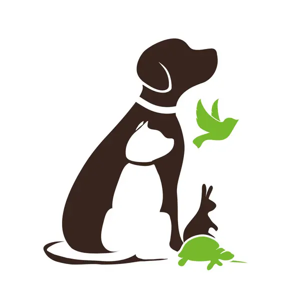 Perro Gato Tortuga Pájaro Conejo Silueta Feliz Mascotas Logotipo Logotipo — Vector de stock