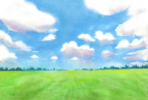 stock image Hand drawn watercolor illustration of green grass, trees, blue sky and fluffy clouds as nature country background