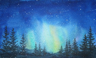 Gece gökyüzünün suluboya çizimi ve köknar ağaçları ve yıldızlı aurora borealis, mavi gökyüzüne düşen kar.