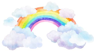 Beyaz ve açık mavi tonlarında yumuşak bulutları olan bir gökkuşağının suluboya çizimi