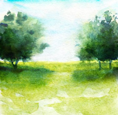 suluboya berrak rüya manzarası Yumuşak yeşil çimenler üzerinde ağaçlar