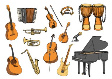El yapımı akustik müzik enstrümanları. Gitar, akordeon, keman, tef, bongo, trompet, saksafon, mandolin, mikrofon, çello, elektro gitar ve büyük piyano.. 