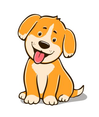 Oturan bir köpeğin çizgi film çizimi, sarı köpek yavrusu, arkadaş canlısı ve hoş geldin, pembe dilli gülen bir ağız.