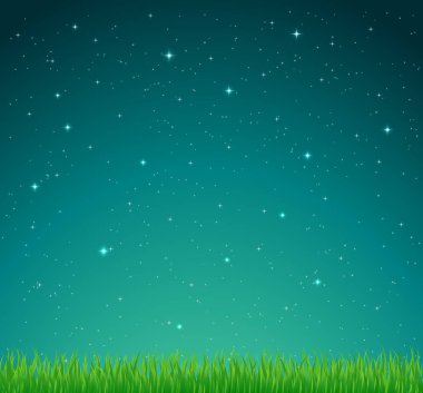 Parlak, pırıl pırıl yıldızlarla dolu açık, yıldızlı bir gece gökyüzü, parlak yeşil bir çimen şeridi, mavi bir zemin üzerinde.
