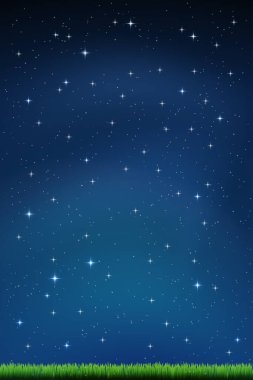 Derin mavi gece gökyüzü dikey arkaplan, yemyeşil çimenlerin ufku