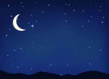 Parlak, pırıl pırıl yıldızlarla dolu açık, parlak bir gecede, parlak, mavi gökyüzü arka planında beyaz ay.