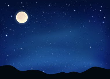 Dolunay berrak, parlak yıldızlı bir gecede parlak, parıldayan yıldızlarla dolu bir gökyüzü zeminine karşı, vektör çizimi