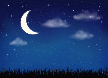 Beyaz ay, berrak, parlak yıldızlı gece, parlak, parıldayan yıldızlar, bulutlu, parlak mavi gökyüzüne karşı.