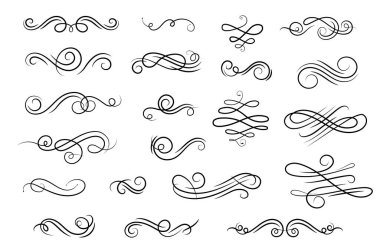 Dekoratif siyah girdaplar ve çeşitli tasarımlar beyaz arka plan, çeşitli döngüler, bukleler ve dalgalar, zarif ve süs etkisi yaratır.