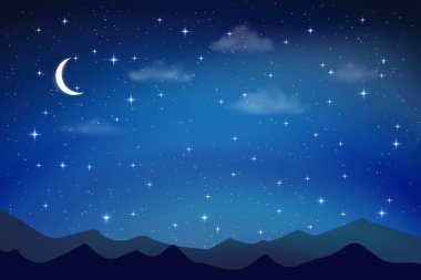 Sükûnetli gece gökyüzü, solunda hilal şeklinde bir ay ışıl ışıl parlıyor, parıldayan efektli yıldızlar, yuvarlanan dağların silueti
