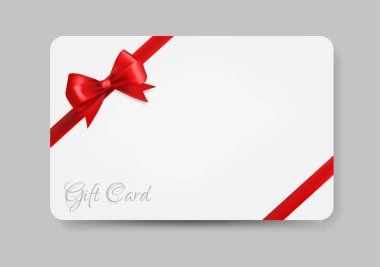 Parlak kırmızı kurdeleli ve çapraz sarılı minimalist beyaz hediye kartı. Kart köşeleri yuvarlak ve ince gölgeler içeriyor, terfilerde, tatil hediyelerinde, özel günlerde kullanmak için.