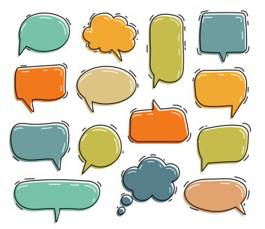 Konuşma ve düşünce kabarcıkları çeşitli şekillerde ve boyutlarda elle çizilmiş bir stille özetlenmiştir.