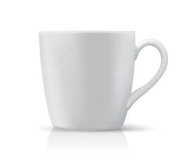 Kavisli saplı düz beyaz seramik kahve fincanının gerçekçi vektör çizimi, yumuşak gölgeli ve yansımalı beyaz bir arka planda izole edilmiş. Temiz ve minimal tasarım 