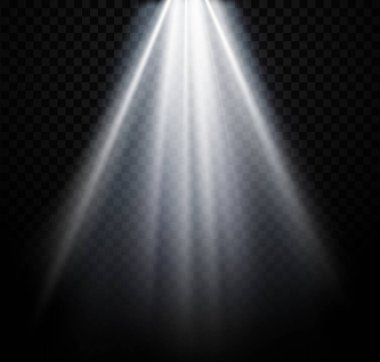 Aşağıya doğru parlayan parlak ışık huzmeleriyle gerçekçi beyaz spot ışığının vektör çizimi. Şeffaf arkaplan herhangi bir tasarım üzerine örtülmesini kolaylaştırır. 