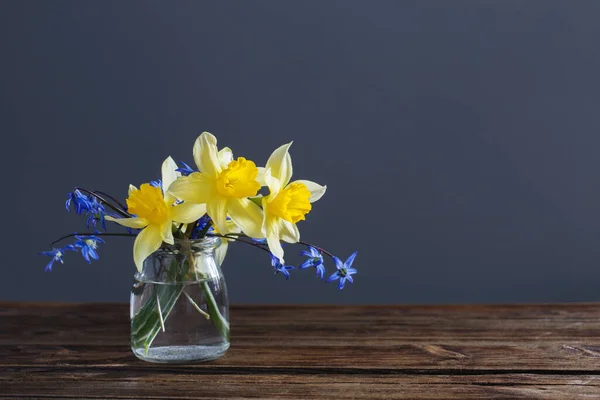 黑色背景的木制桌子上的花瓶里有黄色的水仙和蓝色的雪花 — 图库照片
