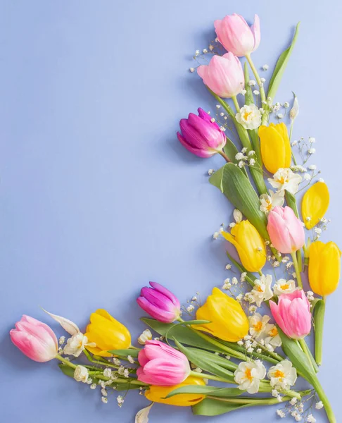 Lente Bloemen Blauw Papier Achtergrond — Stockfoto