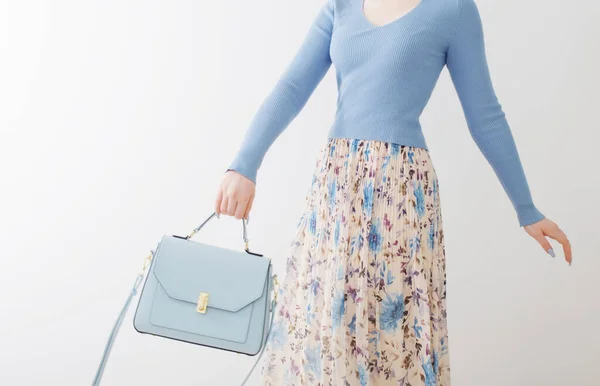 Young Girl Blue Blouse Pleated Skirt Blue Handbag White Background — Stock Photo, Image
