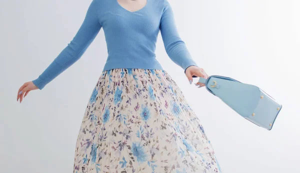 Young Girl Blue Blouse Pleated Skirt Blue Handbag White Background — Stock Photo, Image