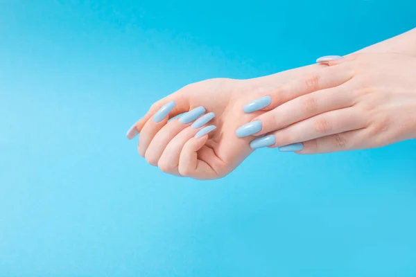 female hands with beautiful blue manicure  on blue background