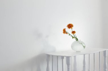 beyaz ahşap rafta cam vazoda turuncu kasımpatılar