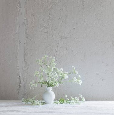Beyaz arkaplanda vazoda beyaz yabani çiçekler