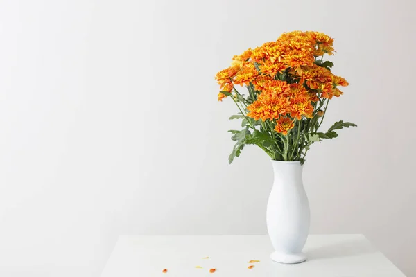 Crisantemi Arancioni Vaso Bianco Fondo Bianco — Foto Stock
