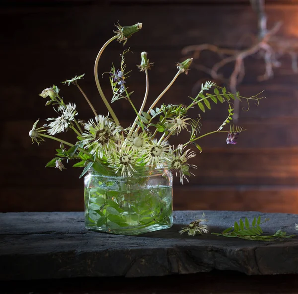 Summer Bouquet Glass Jar Dark Wooden Background — Stock Photo, Image