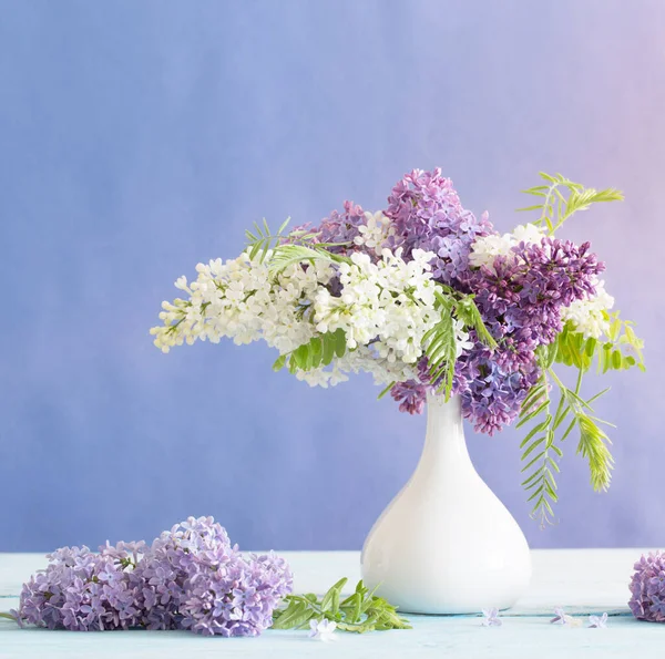 Lilases Vaso Branco Sobre Fundo Roxo — Fotografia de Stock